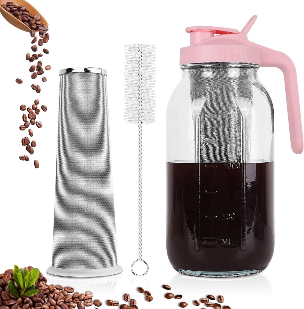 Cold Brew Coffee Maker64 oz Wide Mouth Mason Jar Pitcher with Stainless Steel Filter, Pour Spout Handle Lid, Heavy Duty Glass Airtight & Leak-Proof for Iced Coffee & Tea Lemonade-Pink