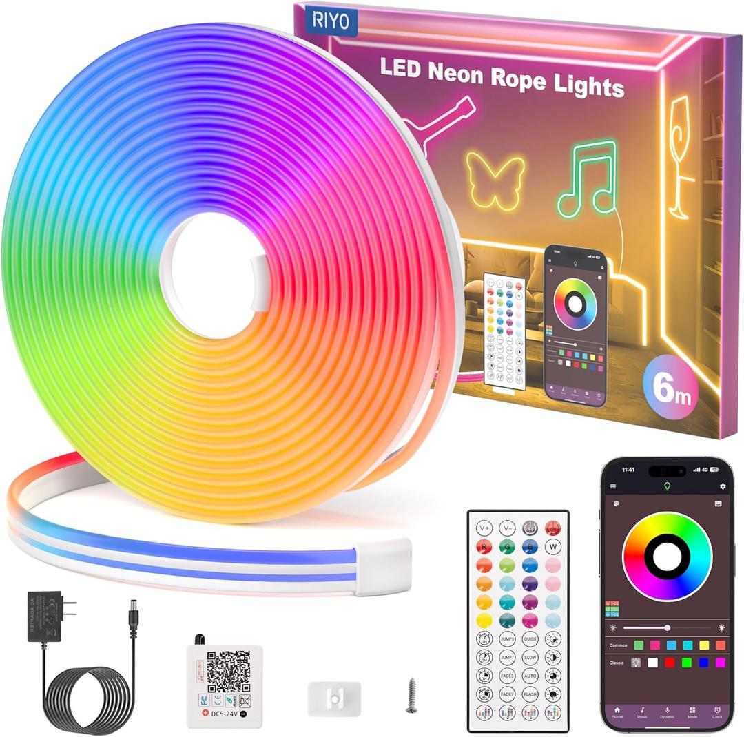 RIYO Neon Rope Lights, 20Ft RGB LED Strip Lights - App & Remote Control, Music Sync, IP67 Waterproof, Flexible Neon Lights for Bedroom, Gaming, Party, Outdoor Decor, Multiple Modes