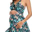 Lu's Chic Women's Maternity Swim Dress 2 Piece Long Tankini Top & Shorts Flowy Swimsuit Bathing Suit with Skirt (6-8, Green)