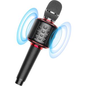 Wireless Bluetooth Karaoke Microphone, Built-in Loud Speaker for 10H Playback, Add Reverb/Duet Mode/Earbuds Monitoring, Portable Karaoke Machine for Entertainment & Singing Practice (Black&Red)