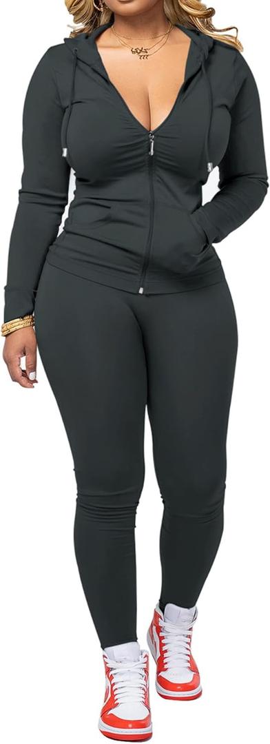 PINSV Women Two Piece Outfits Workout Sets Bodycon Tracksuit Long Sleeve Zip Up Hoodie Jacket Jogger Matching Sweat Pants Set (X-Large, Dark Grey)