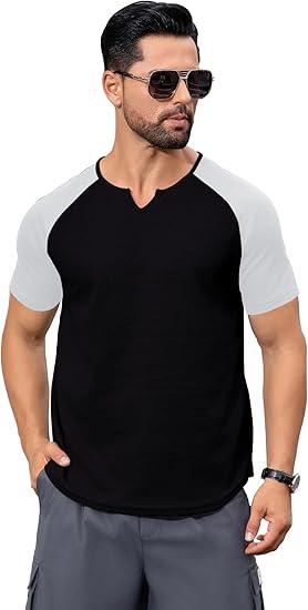 HJHVK Mens Muscle Slim T Shirt VNeck Longline Henley Shirt Gym Workout Athletic Tee Shirts Black, Size: L