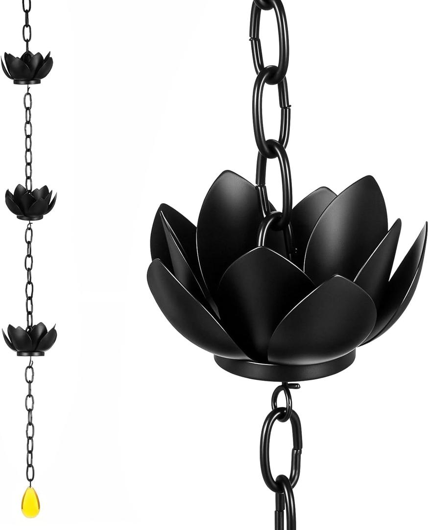 Rain Chain for Gutters Outside, 3.93ft Black Rain Chain with 5 Cups, Adjustable Lotus Rain Catcher, Metal Gutter Chain Downspout, Divert Rainwater for Gardens Patios & Home Decor, Easy Install