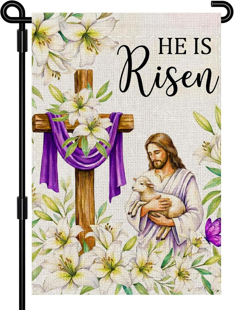 2 x He Is Risen Easter Garden Flag 12x18 Inch Double Sided Outside flag, Jesus, Lamb, Cross, Bouquet of Lilies Yard Outdoor Easter Holiday Decoration