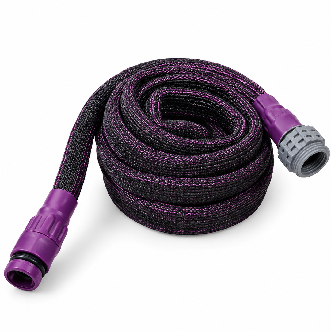 Fabric Garden Hose 25ft, Made of TPE(Not PVC) Non-Shrinking Durable & Lightweight Water Hose, Flexible Hose, 3/4" Solid Brass Fittings, Drinking Water Safe Material, Suction Hoses, Purple