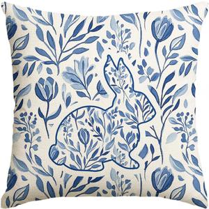 AVOIN colorlife Easter Bunny Blue and White Throw Pillow Cover, 18 x 18 Inch Eucalyptus Leaves Flower Cushion Case Decoration for Sofa Couch