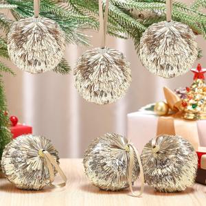 6 Pcs 4" Large Christmas Ball Ornaments Champagne Gold Christmas Tree Ornaments Pipa Glitter Sequin Balls for Xmas Tree Holiday Party Decorations