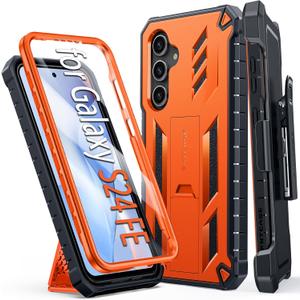 FNTCASE for Samsung Galaxy S24-FE Case: Military Grade Rugged Cell Phone Cover with Kickstand & Holster | Shockproof TPU Protection Bumper Matte Textured Design for Galaxy S24 FE Case 6.7inch - Orange