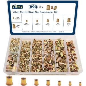 Metric Rivet Nut Assortment Kit(890 Pcs), M3 M4 M5 M6 M8 M10 M12 Flat Head Rivnut Set, Zinc Plated Finish Carbon Steel Nutsert (Yellow)