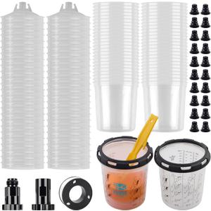 YUZES 50 Disposable Paint Cups with Lids (20 oz, 190-Micron), 2 Paint Mixing Cups with Ratio, 2 Spray Gun Cup Adapters, Paint Gun Cup System for Car & DIY  Ideal for Primer, Sealer & Basecoat