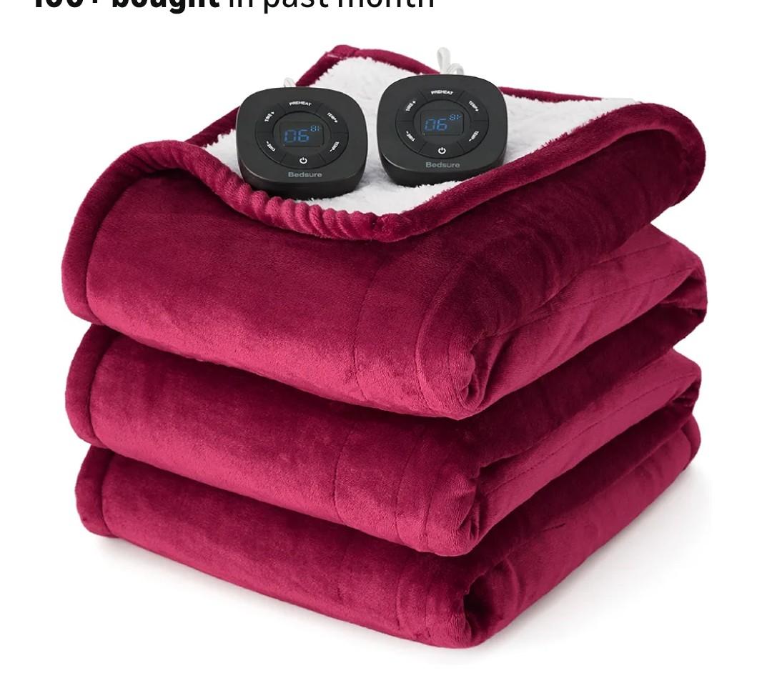 Bedsure Electric Blanket Queen Size - Dual Control Heated Blanket Queen, Fast Heating with 10 Time Settings & 10 Heat Settings, Warm Gift for Grandma (84x90 inches, Burgundy