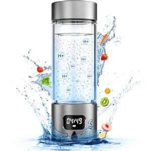 Hydrogen Water Bottle - Portable, Rechargeable, LED Timer, Aluminum and Glass, 5000 PPB Hydrogen in 10 Minutes, for Husband, Father, Friend & Family, for Sports, Home, Office (340ml, Grey)