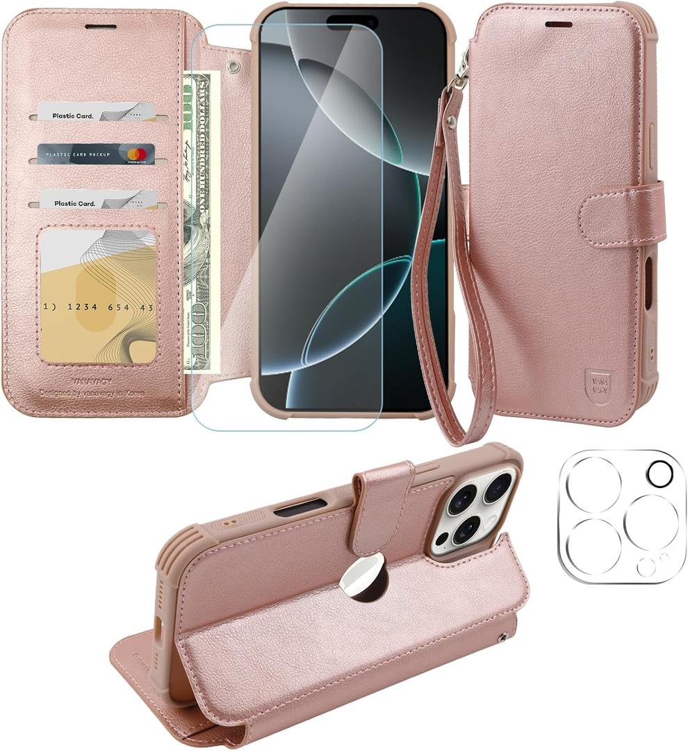 VANAVAGY Compatible for iPhone 16 Pro Max Wallet Case,RFID Flip Leather Cover with Wrist Supports Wireless Charging with Card Holder,[Glass Screen Protector & Camera Cover], Rose Gold