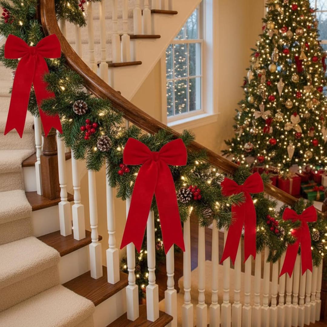 Soulchen 4 Pcs Large Velvet Bows Christmas Elegant Staircase Garland Bows11.8 x 23.6 Extra Large Christmas Wreath Decor for Stair Home Tree Indoor Outdoor Holiday Party Decorations