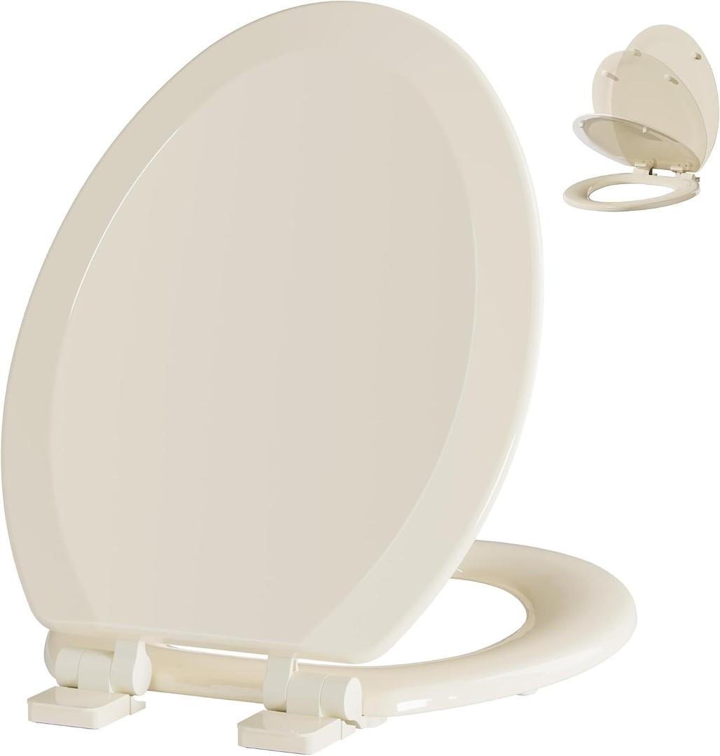 Angol Shiold Slow Close Wood Toilet Seat（Bone, Elongated 18.5''）