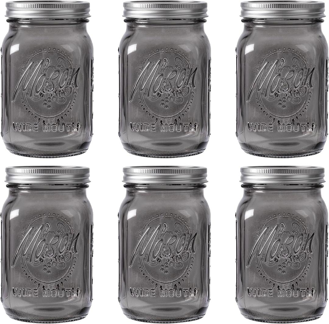 WELLIFE Wide Mouth Mason Jars 32 OZ, 6 Pack Mason Jars for Decor & DIY Crafts, Black Glass Storage Jars, Airtight jar, Fermenting, Pickling, Meal Prep