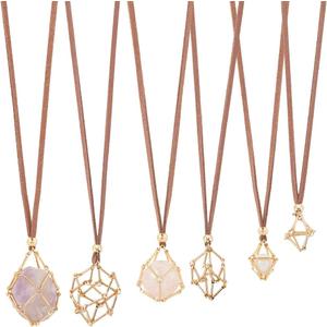 SUNNYCLUE 1 Box 6pcs 3 Size Crystal Necklace Holder Stone Cage Holders Gold | Metal Brass Bar Connected Empty Gem Stone Cage, Includes Chain, Faux Suede Cords, For Jewelry Making Wedding Gifts