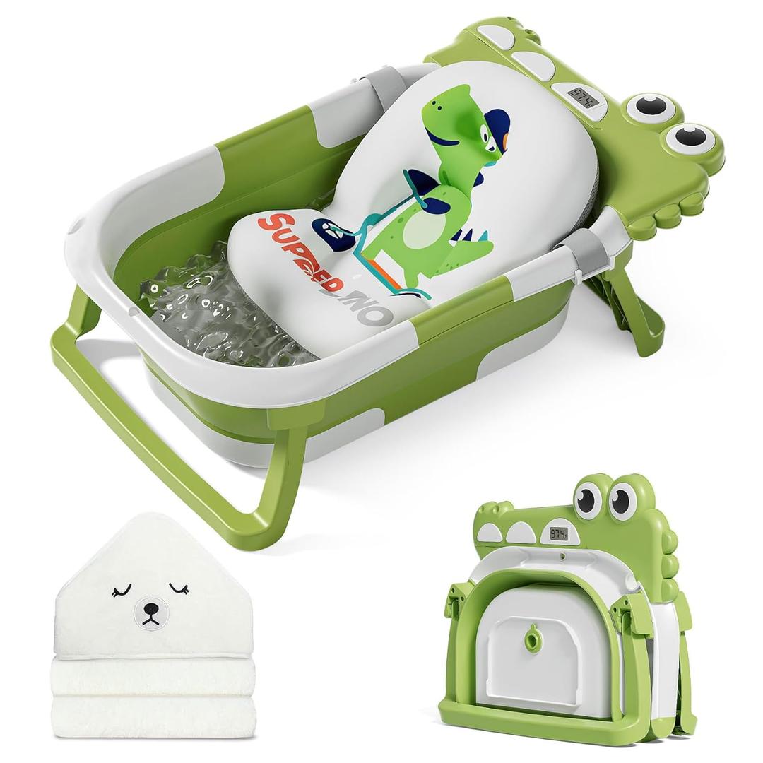 MoreFeel Collapsible Baby Bathtub for Newborn with Thermometer & 1 Hooded Towel & 1 Soft Floating Cushion,Portable Travel Bathtub with Drain Hole, Durable Foldable Baby Tubs for Infants to Toddler (Green)