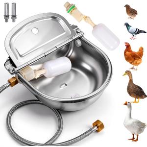 Metal Automatic Chicken Waterer with Float Valve, Stainless Steel Duck Waterer No Mess Outdoor Wall Mounted Chicken Water Dispenser with Hose and Drain Plug for Chicken Coop