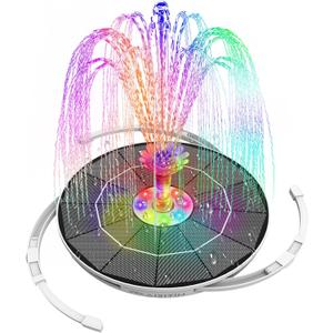 AISITIN 6.5W Solar Fountain for Bird Bath with 3000mAh Battery & Color Changing LED Light, 3 Anti-Drift Fixed Bracket & 8 Nozzles, Solar Water Fountain for Bird Bath, Garden, Pond, Patio, Courtyard