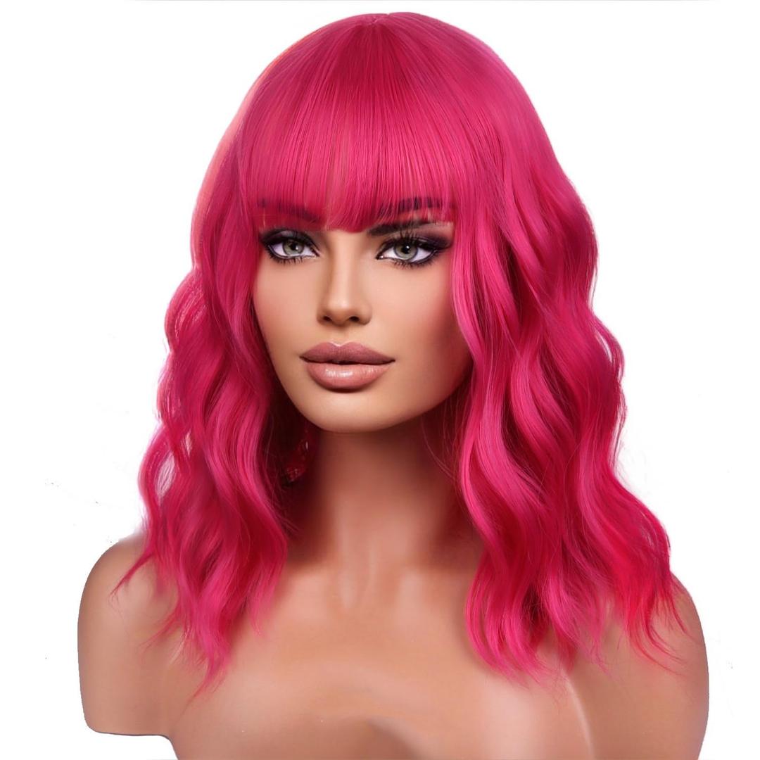 BERON 14 Inches Hot Pink Wig Short Curly Rose Pink Synthetic Wigs for Women Daily Party Hairnet Included