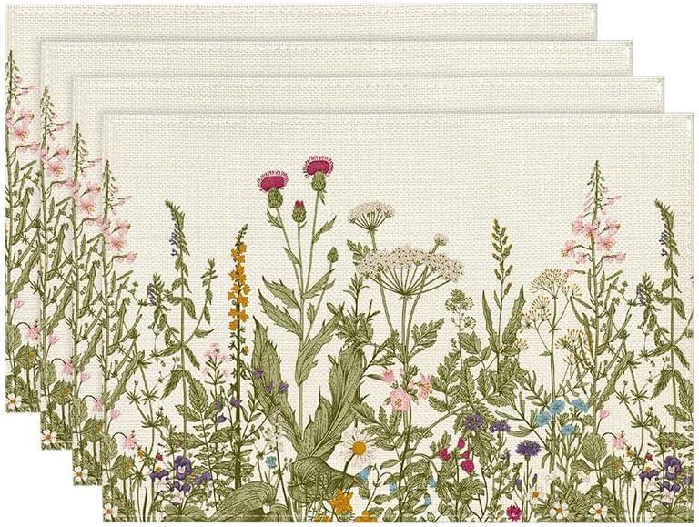 Placemats Set of 4 Linen/Vinyl Woven Place Mats for Kitchen Table Indoor/Outdoor Washable Placemat Wipeable Dining Table Mats(Beige) (Grass Flower)