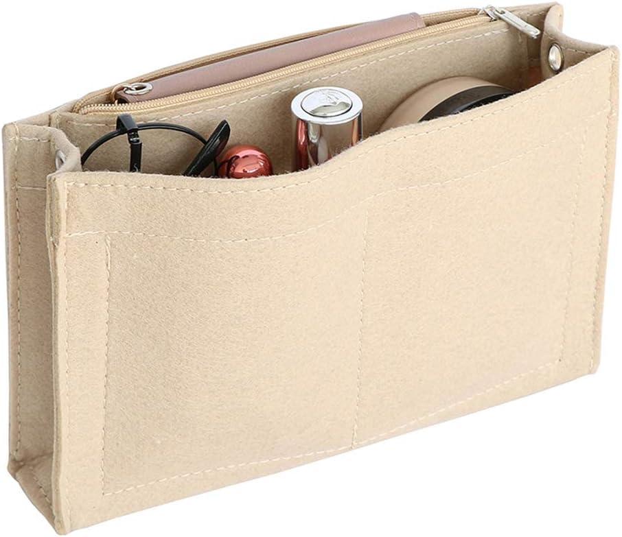 Mini Felt Purse Organizer Insert Small Tote Bag organizer with Zipper (Large, Beige)