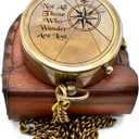 Vintage Brass Compass with Leather Case Engraved Not All Those Who Wander are Lost Antique Pocket Navigation Compass Gift for Travel Lovers, Hiking, Graduation, Birthday, Christmas