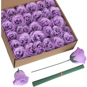 Glitter Roses Bouquet,30PCS Fake Purple Roses Glitter Flowers for Crafts Wedding Bouquet Home Decoration (Lilac)