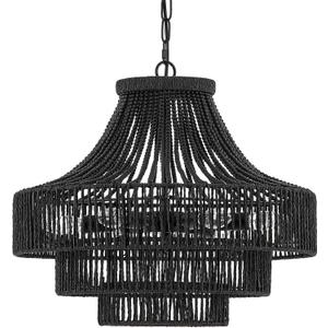 20" Black Wood Beaded Rattan Chandelier Boho Hand Woven Pendant Light for Dining Living Room Kitchen Bedroom, UL Listed