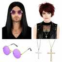 FVCENT 5 Pcs 80s Rock Couple Wig Cross Necklace Purple Round Cosplay Hip Hop Role Playing Accessories Halloween