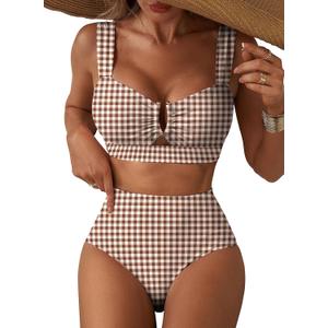 Herseas Women's 2 Piece U Wire Cutout Bikini Sets Floral Print High Waisted Swimsuit 2026 Summer Beach Swim Bathing Suit (Beige, L)