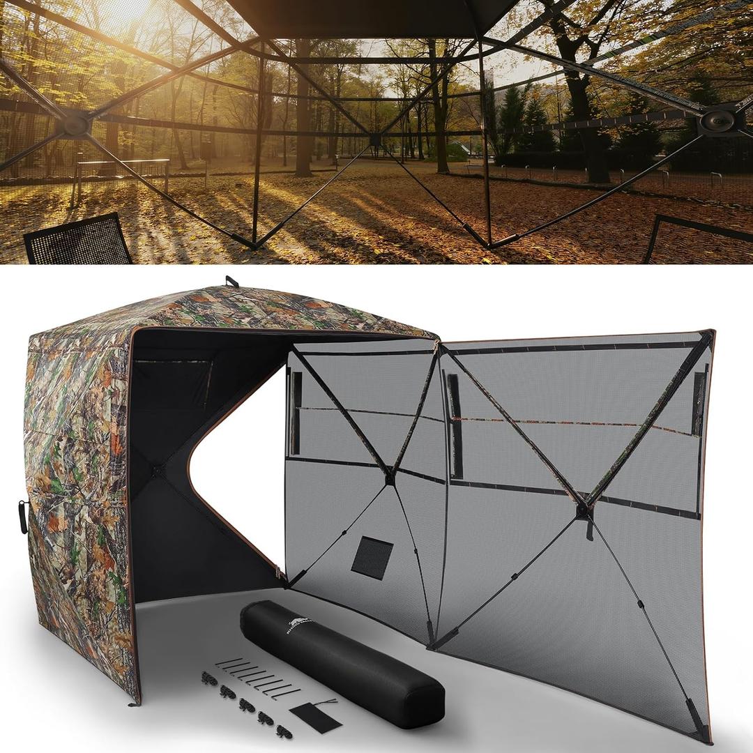 Rhino Valley Hunting Blind 270°/360° See Through, Pop Up Hunting Tent with Double Opening, 2/3/4 Person Portable Resilient Ground Blinds with Silent Magnetic Door & Sliding Windows
