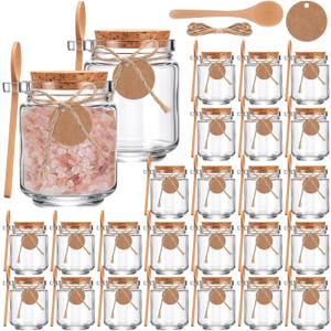 24 Pack Glass Sugar Scrubs Jars 8.5oz Bath Salt Container with Cork Lids Spice Containers with Bamboo Spoons Labels Twine, Honey Body Yogurt Tea Coffee Storage for DIY Gifts Kitchen Bathroom, 2.8 x 4 inches