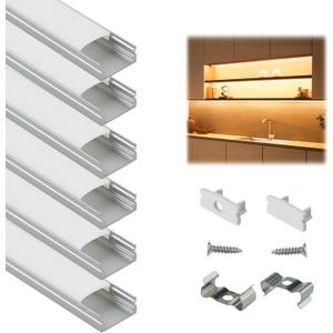 Muzata 6Pack 3.3FT/1M LED Channel Aluminum U Shape Silver LED Strip Diffuser Channel with Milky White Cover Easy Installation U1SW WW 1M