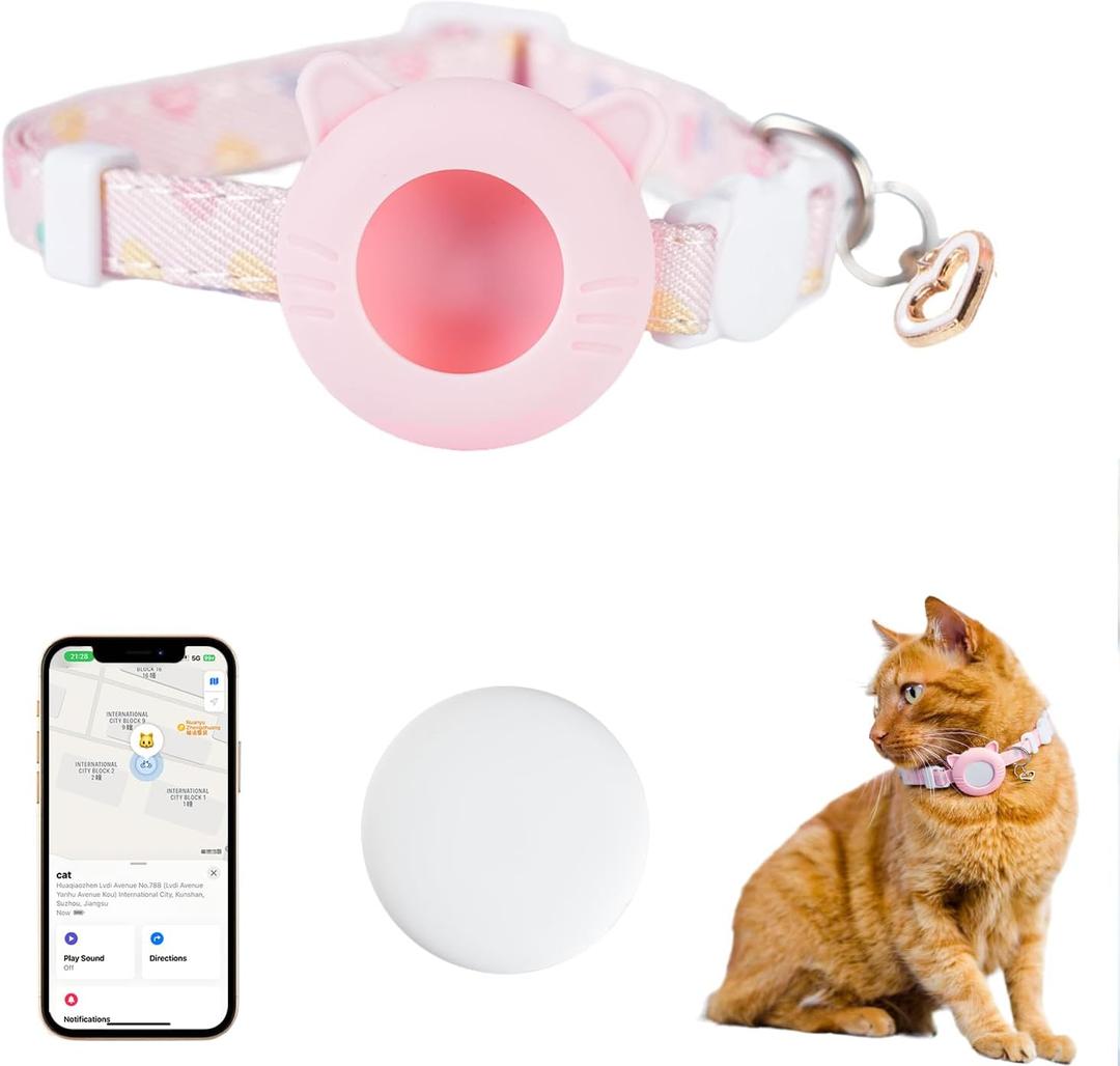 Cat Tracker Collar Breakaway Waterproof with Airtag Holder, Pet Cat Tracking Collar (Pink)