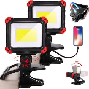 Yls 2pack LED Work Light, 2100LM Rechargeable COB Magnetic Clip on Work Light with 3 Light Modes, 270& 180Rotatable Portable Clamp Work light for Car Repairs, Grilling, Camping, Emergency Use