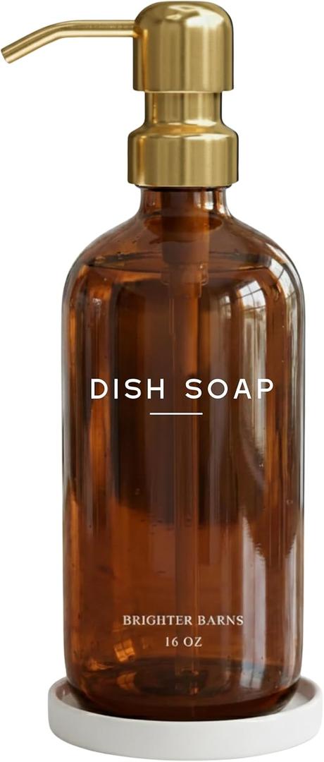 Luxury Glass Dish Soap Dispenser for Kitchen Sink by Brighter Barns - Kitchen Soap Dispenser Set with Pump & Tray - Refillable Glass Bottle for Liquid - Luxury Home Decor for Airbnb, Gift (Amber/Gold)