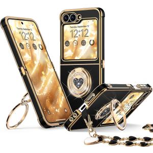 XYZ for Samsung Galaxy Z Flip 6 case with Stand,Z Flip 5 Phone Case with Double Ring & Strap,Women Girls Cute Love-Heart Luxury Bling Protective Cover Heart for Samsung Z Flip 6/5, Black