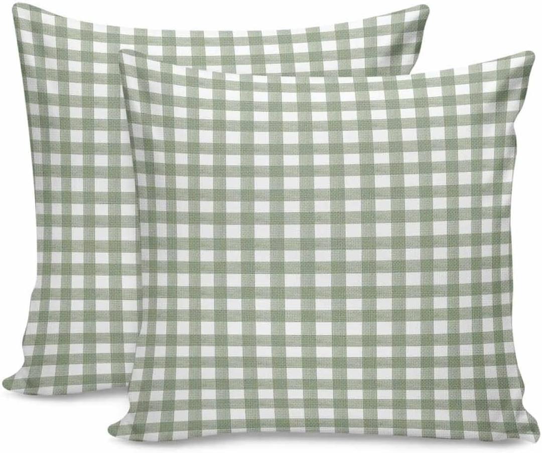 2 Packs Decorative Cotton Throw Pillow Covers, Sage Green White Buffalo Plaid 20 x 20 Inch Square Reversible Soft Cushion Case for Couch Bedroom Sofa Living Room Chair Car