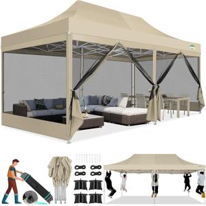 COBIZI 10x20 Canopy Tent, Heavy Duty Pop up Canopy with Sidewalls, Waterproof Easy Setup Canopy with Mosquito Netting, Outdoor Instant Screen Tents for Parties, Wedding with Roller Bag, Khaki