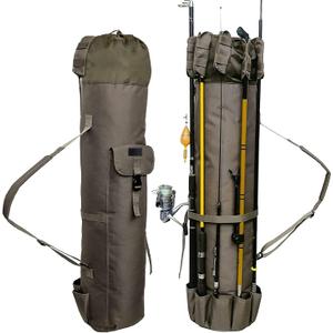 DONQL Fishing Rod Bags Outdoor Fishing Pole Holders Multifunction Camping Portable Canvas Backpack Case Fish Rod Storage Bag Fishing Rod Case Holding 5 Poles & Fishing Tackles (Khaki)
