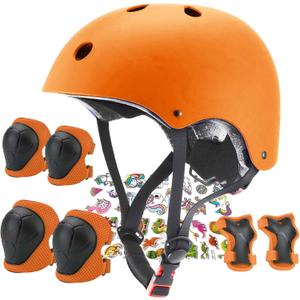 Kids Helmet,Toddler Skateboard Helmets for Ages 2-3-5-8-14 Years Boys Girls with Knee and Elbow Pads Wrist Guards fit Roller Skates,Skateboarding,Skating Scooter Adjustable Kids Helmet (Orange)