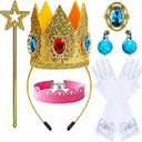 Princess Costume Accessory Set – Gold Crown Headband, Star Wand, White Gloves, Blue Earrings & Gem Brooch for Halloween, Cosplay & Theme Parties