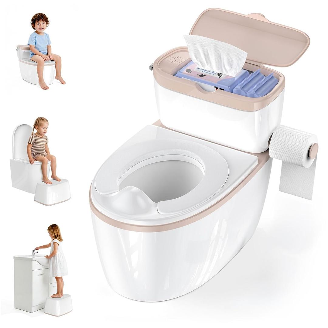 3-in-1 Toddler Potty Training Toilet with Flushing Sound, Wipes Storage & Toilet Paper Holder, Realistic Potty Chair with Detachable Seat and Easy-Clean Design for Boys & Girls Ages 18+ Months (Brown)