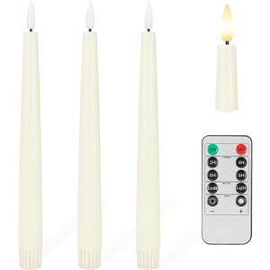 3 x Flameless Taper Candles with 3D Wick, 9.6" Real Wax LED Candles with Remote and Timer, 3 Pack Flickering Candlesticks Battery Operated, Classic Tall Taper Candles for Home, Wedding, Party, Ivory