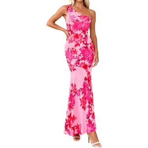 PRETTYGARDEN Womens Summer One Shoulder Maxi Dress 2026 Floral Sleeveless Bodycon Mesh Long Beach Vacation Sun Dresses (Pink, S)