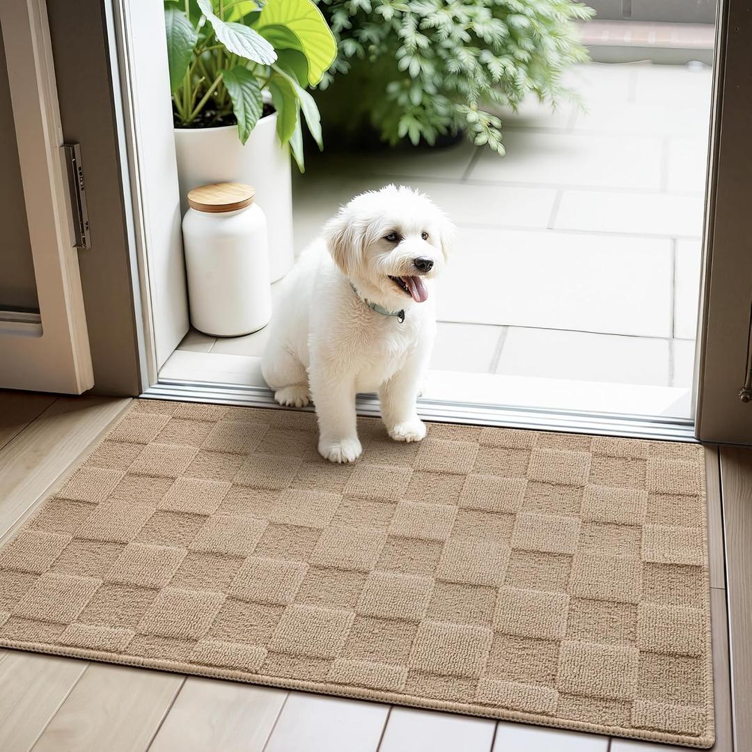 GRANNY SAYS Front Door Mat Outside Entrance, Door Mats for Entryway, Welcome Matt Non-Slip, Entryway Front Porch Mat Low Profile Resist Dirt Easy to Clean, 32"x20", Khaki Check (1'8" x 2'8" (Rectangular))
