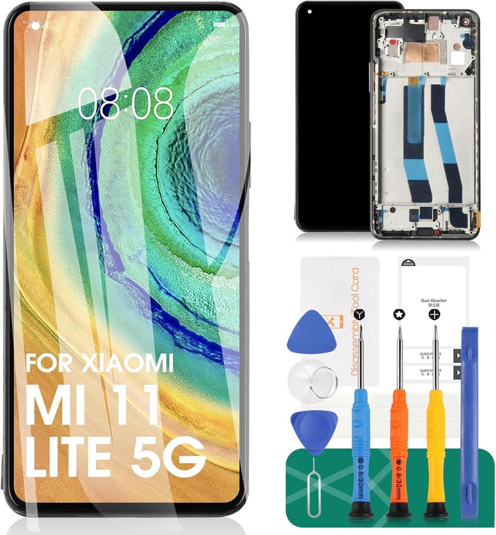 OLED for Xiaomi Mi 11 Lite 5G Screen Replacement for Xiaomi Mi 11 Lite LCD Screen for Mi 11 Lite Digitizer M2101K9G, M2101K9C, M2101K9R Display Touch Screen Assembly Repair Parts with Frame