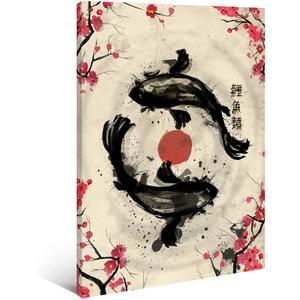 XDTIOPIMY - MCAshe Art - Vintage Japanese Koi Fish Wall Art - Serene Black Koi & Red Cherry Blossoms Framed Canvas Print - Asian Decor for Living Room, Bedroom, Office - Ready to Hang 16x24 Inches
